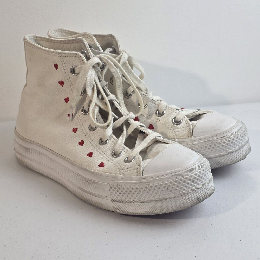 Converse Chuck Taylor All Star High Womens 8.5 White Hearts Roses Embroidered